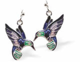 Humming Bird Drop Earrings in a Rich Gradation of Greens and Blues, Rhodium Plated