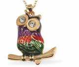 Golden Owl Designer Necklace in a Rich Gradation of Greens, Reds and Golds, Rhodium Plated