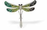 Rich Gradation of Greens Enamelled Ornate Dragonfly Brooch by Byzantium, 50mm in size, Rhodium Plated