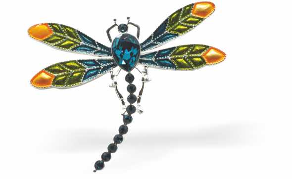 Rich Gradation of Yellows, Greens and Blues Enamelled and Crystal Encrusted Dragonfly Brooch by Byzantium