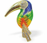 Rich Gradation of Multi Colours Enamelled Ornate Toucan Brooch by Byzantium, 45mm in size, Rhodium Plated