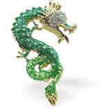 Green Enamelled Ornate Dragon Brooch, 45mm in size, Rhodium Plated