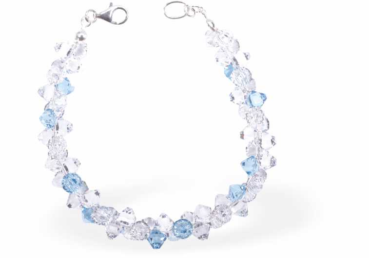 Austrian Crystal Bicon Bracelet in Clear Crystal and Aquamarine Blue, Multi-faceted