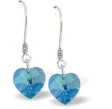 Austrian Crystal Multi Faceted Heart Drop Earrings in Aquamarine Blue, with sterling silver earwires.