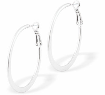 Flat Hoop Earrings, Silver Coloured Rhodium Plated
