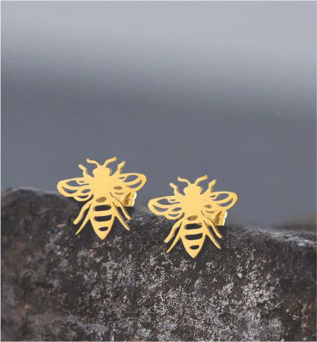 Artisan Delicate Bee Stud Earrings Golden Titanium Steel 8mm in size Hypoallergenic: Nickel, Lead and Cadmium Free  Delivered in a soft, black, velveteen pouch