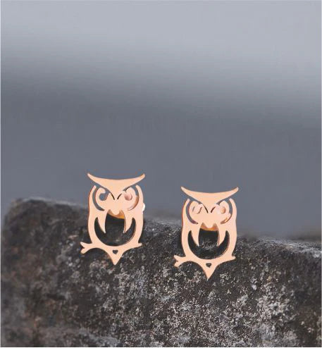 Artisan Delicate Owl Stud Earrings Rose Gold Coloured Titanium Steel 8mm in size Hypoallergenic: Nickel, Lead and Cadmium Free  Delivered in a soft, black, velveteen pouch