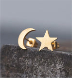Artisan Delicate Moon & Star Stud Earrings Golden Coloured Titanium Steel 8mm in size Hypoallergenic: Nickel, Lead and Cadmium Free  Delivered in a soft, black, velveteen pouch