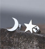 Artisan Delicate Moon & Star Stud Earrings Silver Coloured Titanium Steel 8mm in size Hypoallergenic: Nickel, Lead and Cadmium Free  Delivered in a soft, black, velveteen pouch