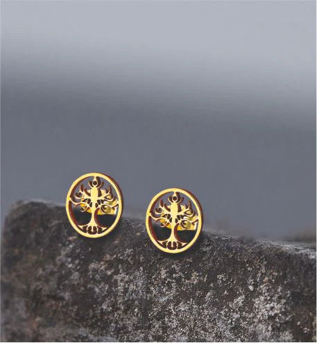 Artisan Delicate Tree of Life Stud Earrings Golden Coloured Titanium Steel 8mm in size Hypoallergenic: Nickel, Lead and Cadmium Free  Delivered in a soft, black, velveteen pouch