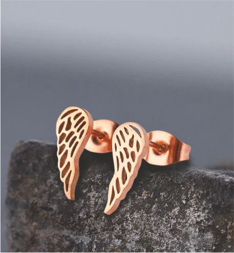 Artisan Delicate Angel Wings Stud Earrings Rose Gold Coloured Titanium Steel 8mm in size Hypoallergenic: Nickel, Lead and Cadmium Free Delivered in a soft, black, velveteen pouch 