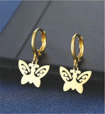 Artisan Delicate Butterfly Drop Earrings Golden Coloured Titanium Steel 20mm in size Hypoallergenic: Nickel, Lead and Cadmium Free  Delivered in a soft, black, velveteen pouch