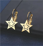 Artisan Delicate Cute Star Drop Earrings Golden Coloured Titanium Steel 20mm in size Hypoallergenic: Nickel, Lead and Cadmium Free Delivered in a soft, black, velveteen pouch 