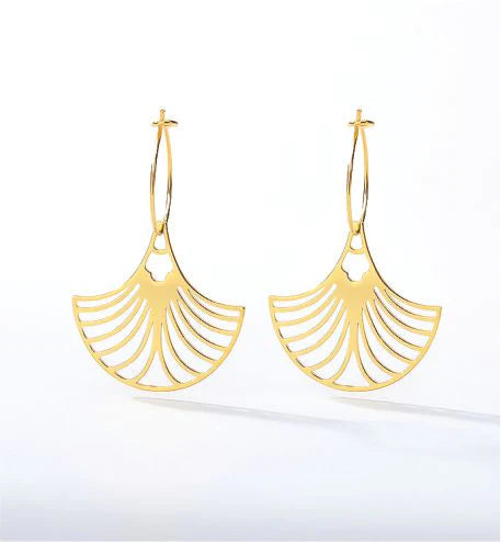 Artisan Delicate Fan Shaped Drop Earrings Golden Coloured Titanium Steel 25mm in size Hypoallergenic: Nickel, Lead and Cadmium Free Delivered in a soft, black, velveteen pouch 