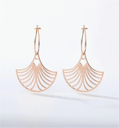 Artisan Delicate Fan Shaped Drop Earrings Rose Gold Coloured Titanium Steel 25mm in size Hypoallergenic: Nickel, Lead and Cadmium Free Delivered in a soft, black, velveteen pouch 