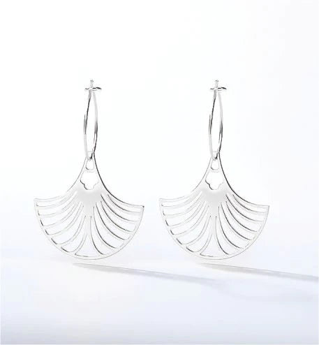 Artisan Delicate Fan Shaped Drop Earrings Silver Coloured Titanium Steel 25mm in size Hypoallergenic: Nickel, Lead and Cadmium Free Delivered in a soft, black, velveteen pouch 