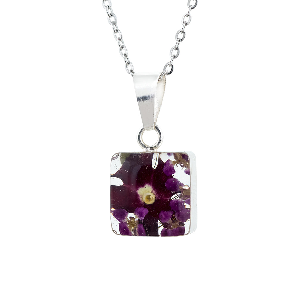 Real Mixed Purply Flowers in a Sterling Silver Square Frame Necklace with a choice of Chains