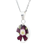 Real Purple Primrose Flowers in Sterling Silver Oval Framed Necklace