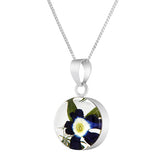 Real Blue Primose Flower in a Sterling Silver Round Framed Necklace with a choice of chains