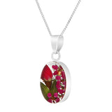 Real Mixed Red Rosebud Spray of Flowers in a Sterling Silver Oval Framed Necklace
