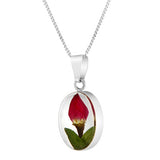 Real Red Rosebud Flower in Sterling Silver Oval Framed Necklace