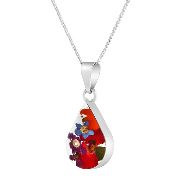 Real Red Poppy and mixed Flowers in a Sterling Silver Teardorp Framed Necklace