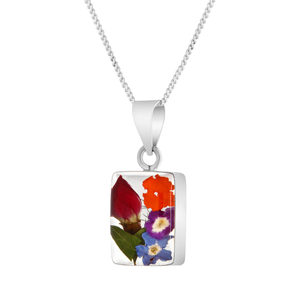 Real Rosebud and Mixed Bouquet Flowers in a Sterling Silver Rectangular Framed Necklace
