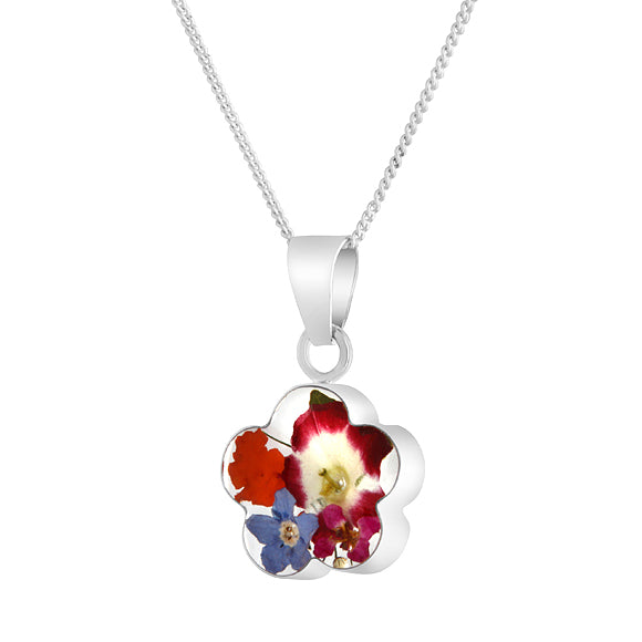 Real Mixed Bouquet Flowers in a Sterling Silver Daisy Shaped Framed Necklace