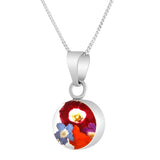Real Mixed Bouquet Flowers in a Small Sterling Silver Round Framed Necklace