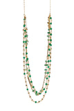 Long Mixed Triple Chain Beaded Necklace, Gold Plated with Green Agate, Rose Quartz and Aventurine Quartz