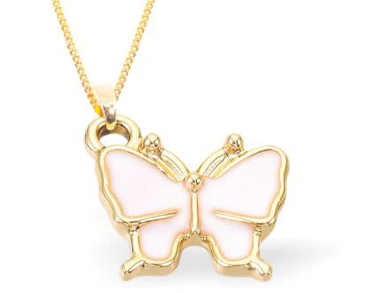 White Oblique Butterfly Necklace Golden Coloured Titanium Steel 15mm drop Hypoallergenic: Nickel, Lead and Cadmium Free Delivered in a soft, black, velveteen pouch 