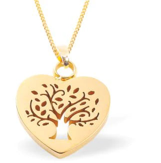Tree of Life Heart Necklace Golden Coloured Titanium Steel 12mm drop Hypoallergenic: Nickel, Lead and Cadmium Free Delivered in a soft, black, velveteen pouch 