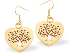 Tree of Life Heart Drop Earrings Golden Coloured Titanium Steel 12mm drop Hypoallergenic: Nickel, Lead and Cadmium Free Delivered in a soft, black, velveteen pouch 