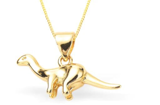Dinosaur Design Necklace Golden Coloured Titanium Steel 24mm drop Hypoallergenic: Nickel, Lead and Cadmium Free Delivered in a soft, black, velveteen pouch 