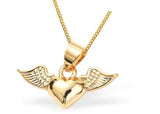 Winged Heart Design Necklace Golden Coloured Titanium Steel 22mm drop Hypoallergenic: Nickel, Lead and Cadmium Free Delivered in a soft, black, velveteen pouch 