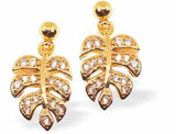 Bright Gold Plated Gorgeous Crystal Encrusted Leaf Earrings by Byzantium.