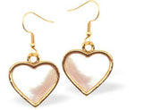Gold Coloured White Pearl Embossed Heart Drop Earrings Hypoallergenic: Rhodium Plated, Nickel, Lead and Cadmium Free 12mm in size Colour: Gold Coloured and Pearl White See matching necklace GP7146 Delivered in a soft, black, velveteen pouch