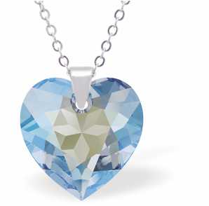 Austrian Crystal Multi Faceted Heart Necklace in Shimmering Aquamarine Blue, with a choice of chains