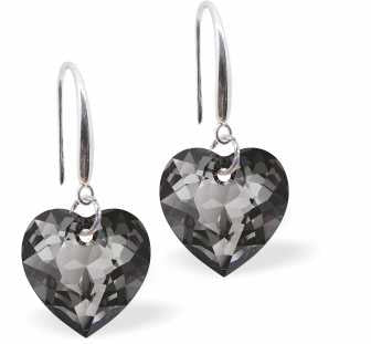 Austrian Crystal Multi Faceted Heart Drop Earrings in Silver Night Grey