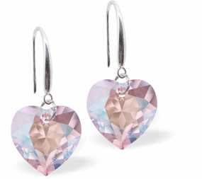 Austrian Crystal Multi Faceted Heart Drop Earrings in Shimmering Light Rose Pink