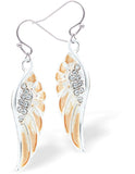 Designer crystal encrusted Angel Wing Drop Earrings Silver and Gold Coloured, Rhodium plated