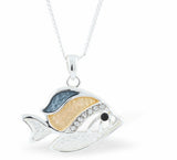 Designer Blow Fish Necklace, Crystal Encrusted,  Bronze and Dusty Blue Coloured and Rhodium Plated