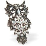 Designer Owl Brooch by Byzantium 40mm in size Rhodium Plated  Hypoallergenic; Lead, Cadmium and Nickel Free