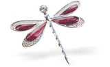 Designer Dragonfly Brooch with Dark Ruby Inlay, Crystal Encrusted, Rhodium Plated