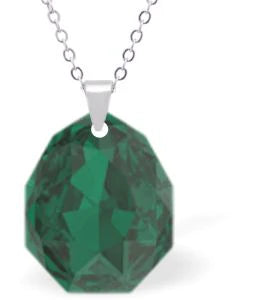 Austrian Crystal Multi Faceted Majestic Drop Necklace Emerald Green Shimmer in Colour 16mm in size Choice of Sterling Silver or Steel Chain, 18" See matching drop earrings MA19 Delivered in a soft, black, velveteen pouch