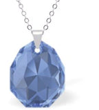 Austrian Crystal Multi Faceted Majestic Drop Necklace Sapphire Blue Shimmer in Colour 16mm in size Choice of Sterling Silver or Steel Chain, 18" See matching drop earrings MA21 Delivered in a soft, black, velveteen pouch