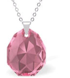 Austrian Crystal Multi Faceted Majestic Drop Necklace Rose Pink Shimmer in Colour 16mm in size Choice of Sterling Silver or Steel Chain, 18" See matching drop earrings MA25 Delivered in a soft, black, velveteen pouch