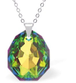 Austrian Crystal Multi Faceted Majestic Drop Necklace Vitrail Medium Shimmer in Colour 16mm in size Choice of Sterling Silver or Steel Chain, 18" See matching drop earrings MA31 Delivered in a soft, black, velveteen pouch