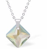 Austrian Crystal Special Cut Oblique Square Necklace Special Cut Multi Faceted Crystal is 12mm in size  Hypoallergenic: Free from Lead, Nickel and Cadmium Colour: Aurora Borealis Choice of Stainless Steel Chain (18") or Sterling Silver Chain (18") Delivered in a soft, black, velveteen pouch 