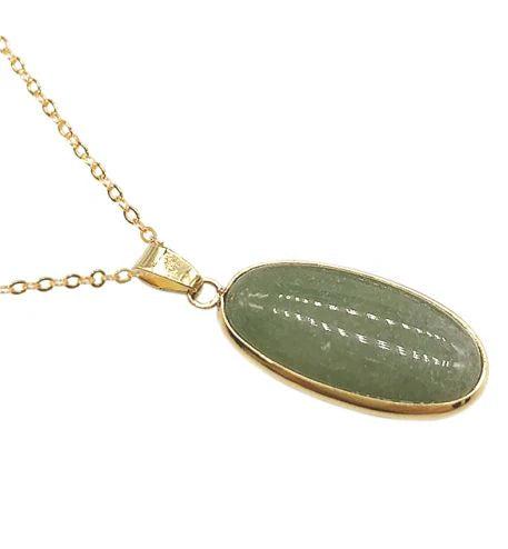 Artisan Natural Crystal Green Aventurine Oval Necklace Green Aventurine: for Grounding and Stability, help to diffuse negative emotions Golden Titanium Steel Chain 30mm crystal drop Hypoallergenic: Nickel, Lead and Cadmium Free  Delivered in a soft, black, velveteen pouch